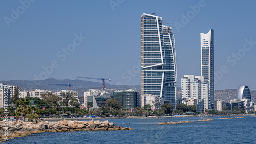 View of Limassol beach and the frontline of buildings and skyscrapers along the promenade park and coast, Limassol, Cyprus