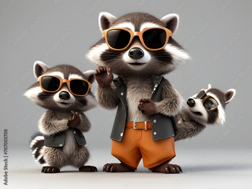 3d Illustration of a Portrait of a funny raccoons in sunglasses showing a gesture, isolated on a white background 3d Illustration of a Portrait of a funny raccoons in sunglasses showing a gesture, isolated on a white background