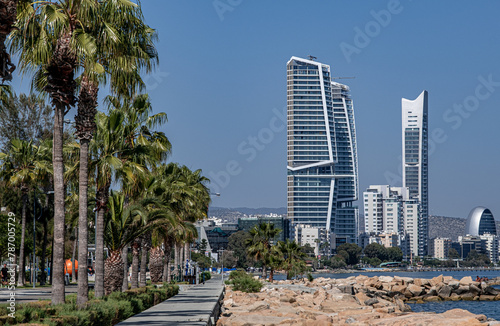 View of Limassol beach and the frontline of buildings and skyscrapers along the promenade park and coast, Limassol, Cyprus