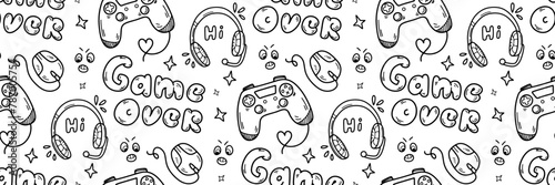 Game over color pattern. Hand Drawn Doodle gamepad, headphones. Games Background. Gadget icons gaming print for boys and girls. Vector illustration