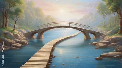 Imagine a bridge crossing placid waters to represent the journey to a place of spiritual sanctuary. photo