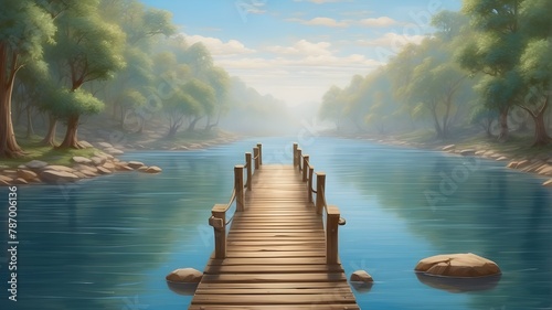 Imagine a bridge crossing placid waters to represent the journey to a place of spiritual sanctuary. photo