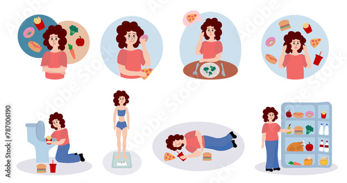 Eating disorder. Sad woman worries about being overweight. Overeating, bulimia, anorexia. Food addiction concept. Rejection of yourself. Set of cartoon flat vector illustrations.