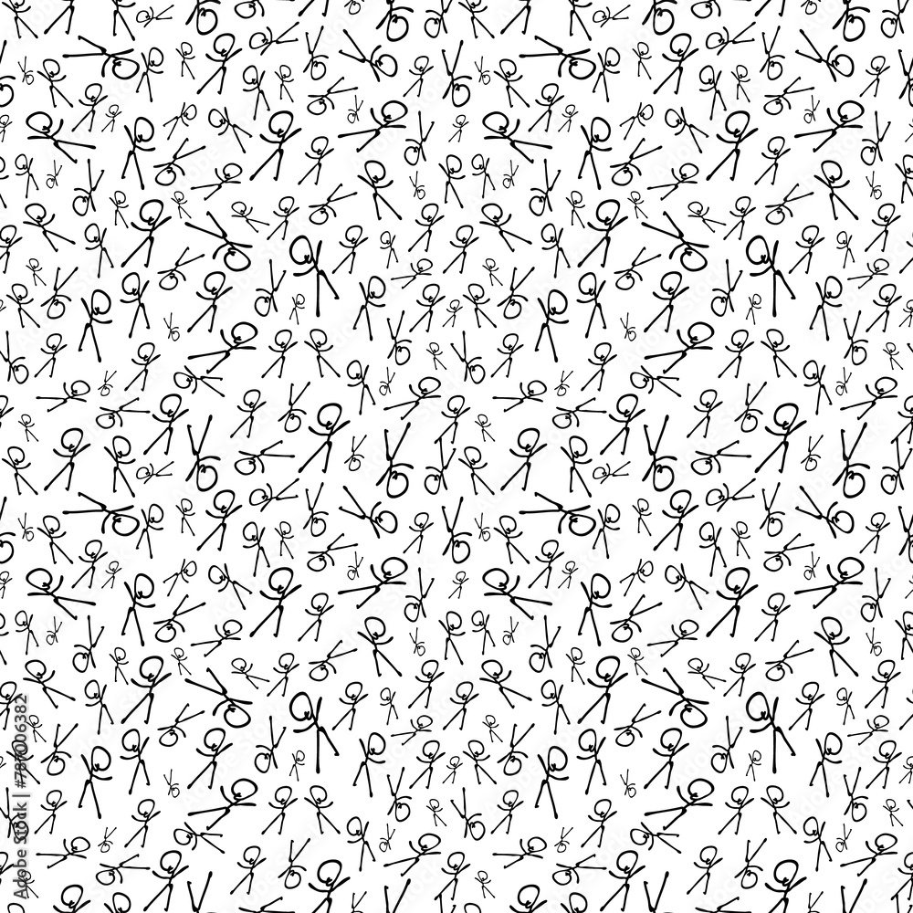 Hand-drawn stick figures dropping randomly over a white background seamless pattern. Simple monochrome surface art for printing on different materials or use in graphic design projects. Hand-drawn stick figures dropping randomly over a white background seamless pattern. Simple monochrome surface art for printing on different materials or use in graphic design projects.