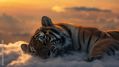 Illustration of a tiger sleeping soundly on a cloud at sunrise