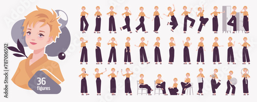Young woman in japanese style kimono wear, attractive office girl character set, cute ethnic bundle. Active female work area poses, emotions, life mood, busy workspace situations. Vector illustration