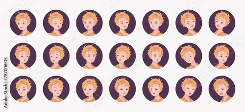 Young short spiky haircut blonde woman, cute female avatar nice portrait set, appearance bundle. Different feelings, face emotion icons, player character mood, user pic circles. Vector illustration © andrew_rybalko