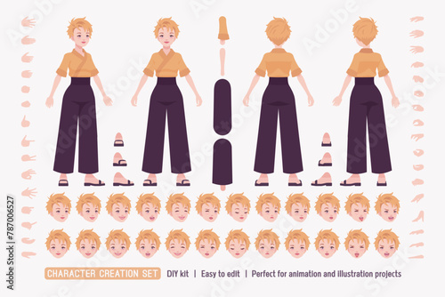 Young woman in japanese style kimono wear, attractive girl DIY cute character creation set. Female body figure parts. Head, leg, hand gesture, different emotions, construction kit. Vector illustration © andrew_rybalko