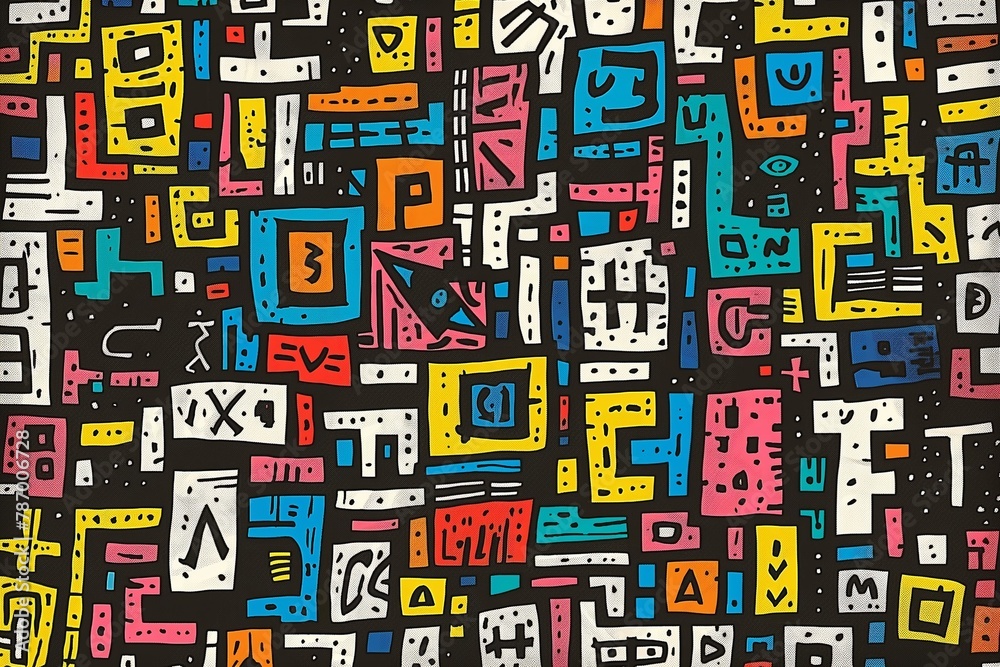 an artistic print wallpaper with letters and colors on black background