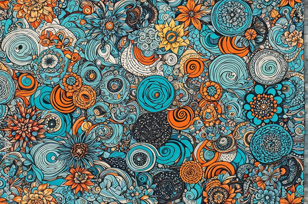 blue and orange flowers are depicted on a wallpaper background