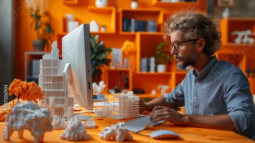 Architect in 3D designing a building model on a computer, vibrant orange background sparking creativity