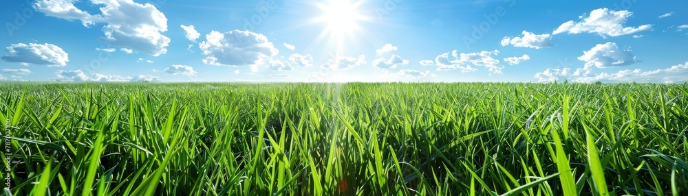 Bright sunshine on a clear day, blue sky, vibrant green grass, energizing mood