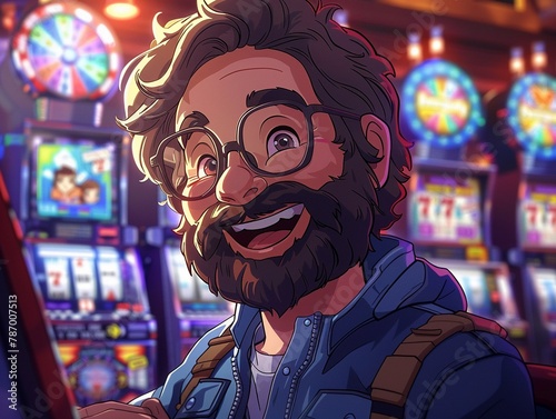 Cartoon bearded casino enthusiast surrounded by slot machine lights  jackpot victory pose