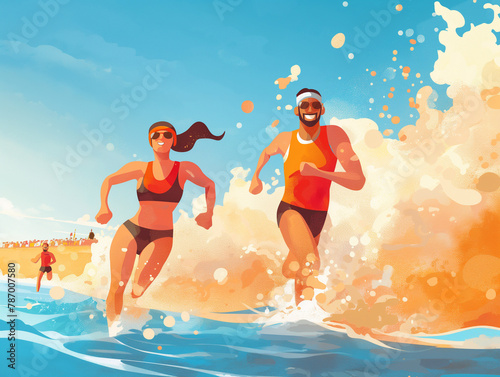 Illustration of a joyful couple running into the sea on a sunny day, with splashes around them.