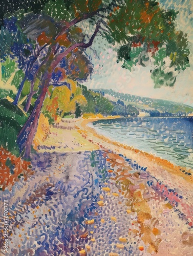 An expressive and vibrant impressionist artwork depicting a serene beach landscape  with a focus on the interplay of light and color