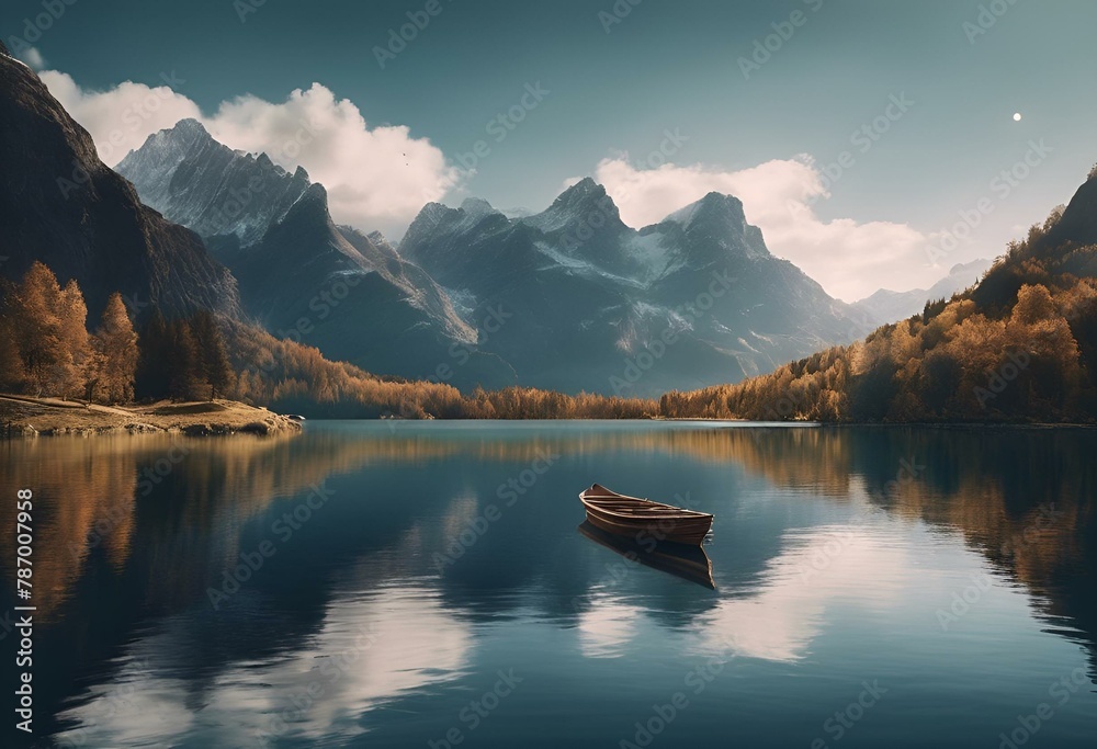 AI generated illustration of a boat floating on top of a lake surrounded by mountains