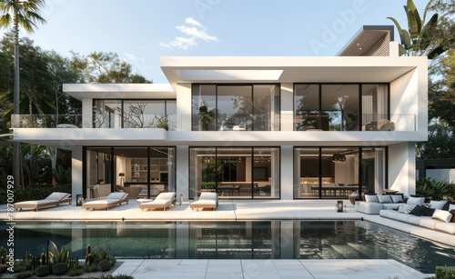 the exterior front view of a modern minimalist white house with large windows and a courtyard, featuring outdoor seating around a pool in Florida on a sunny day. © Kien