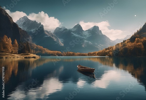 AI generated illustration of a boat floating on top of a lake surrounded by mountains