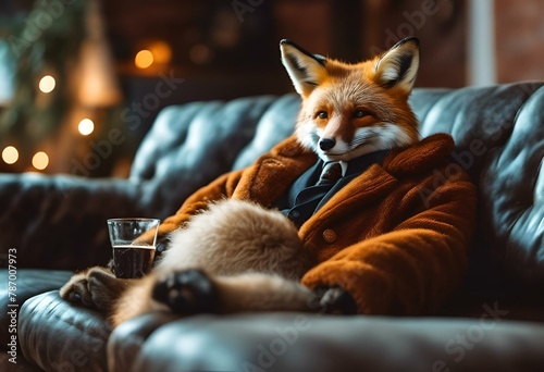 AI generated illustration of a fox quenching its thirst on a leather sofa