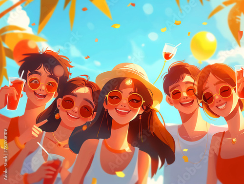 A colorful illustration of five friends enjoying a sunny day, with drinks and smiles under a blue sky.