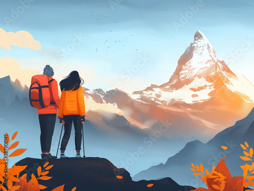 Two hikers enjoying a majestic mountain view at sunrise.