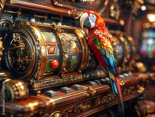3D render of a piratethemed slot machine with a treasure chest and parrot symbols, placed in a themed casino section