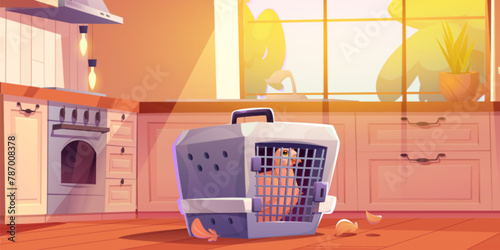 Kitchen interior with caught hen in cage cartoon. Modern home room indoor design with oven, cupboard and hunted chicken on daylight. Cute apartment panorama environment scene with cooking equipment © klyaksun