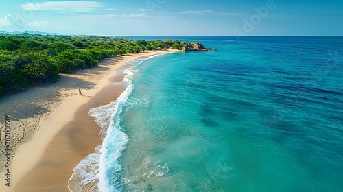an aerial view of a beach surrounded by trees and water