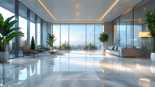 large white tiles in an elegant living room with beautiful views © Wirestock
