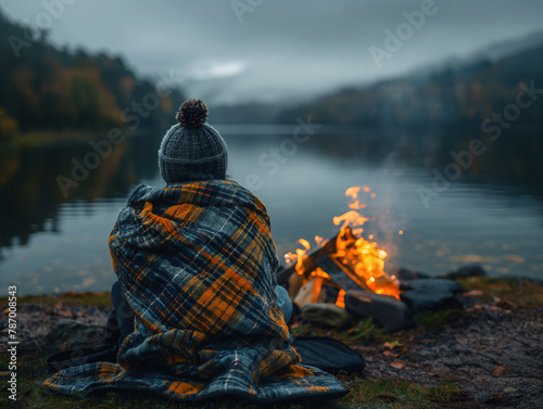 AI-generated illustration of a person wrapped in a blanket gazing at a campfire by the lake