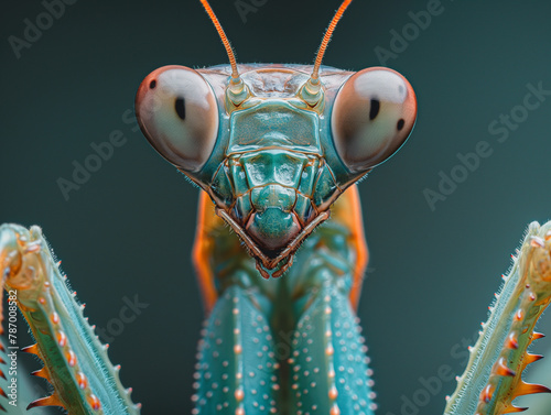 AI generated illustration of a praying mantis's head © Wirestock