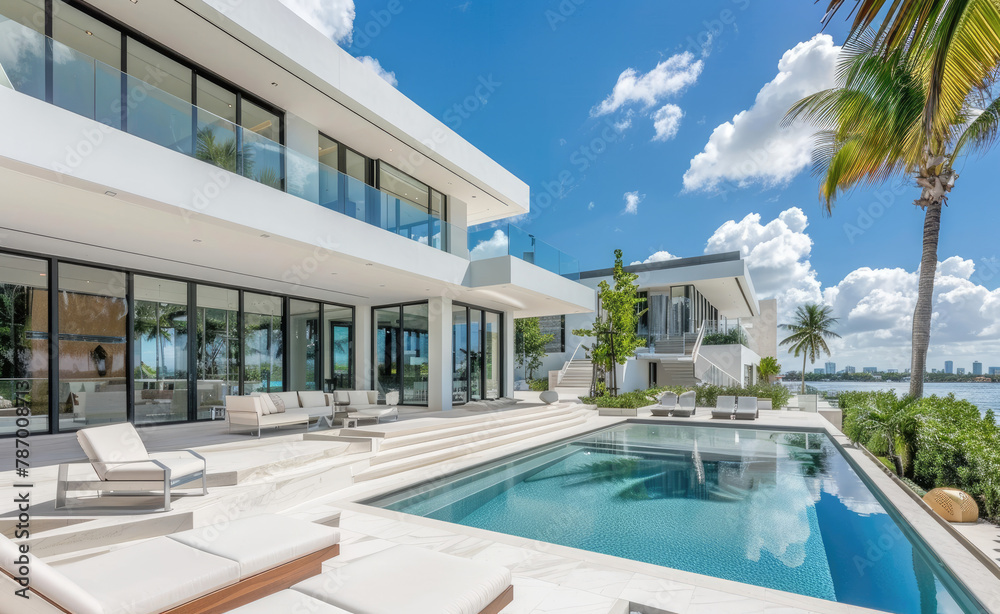 the exterior front view of a modern minimalist white house with large windows and a courtyard, featuring outdoor seating around a pool in Florida on a sunny day.