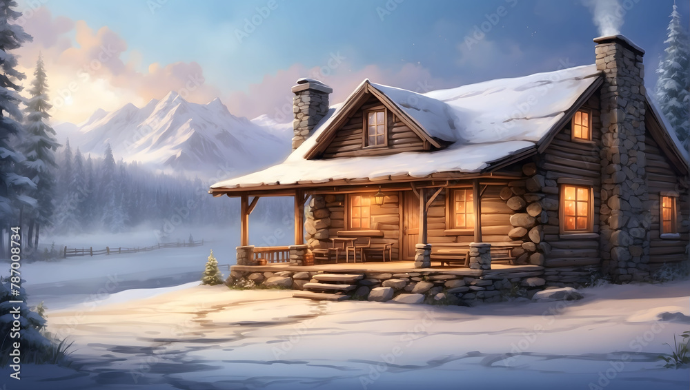 Visualization of a christmas rustic log cabin tucked away in a serene snowy landscape with smoke rising from the chimney, indicating a warm fire inside. - obrazy, fototapety, plakaty 