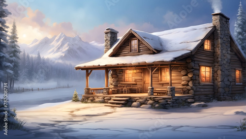 Visualization of a christmas rustic log cabin tucked away in a serene snowy landscape with smoke rising from the chimney, indicating a warm fire inside. #787008734
