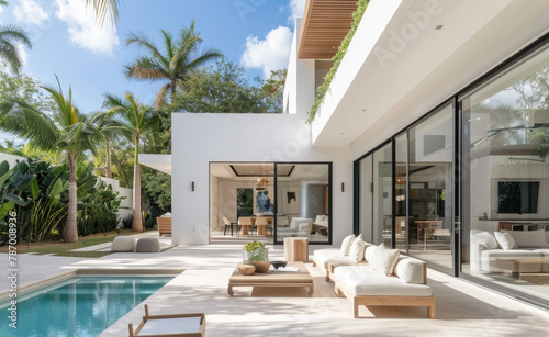 the exterior front view of a modern minimalist white house with large windows and a courtyard, featuring outdoor seating around a pool in Florida on a sunny day.