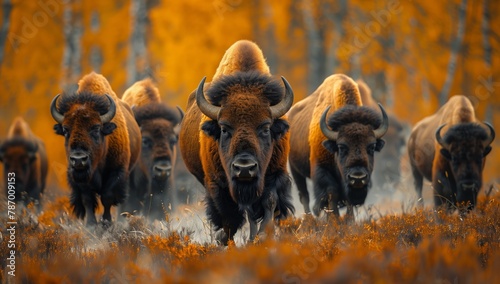 A group of bison are moving across a natural landscape with tall grass, showcasing their horns and powerful stature as terrestrial animals photo