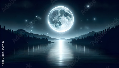 AI generated illustration of A large, bright full moon casting its reflection on a calm lake