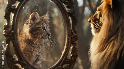 Tiny fuzzy cute cat looking into a large mirror seeing a huge ferocious lion reflected back, Fierce, elegant, formidable