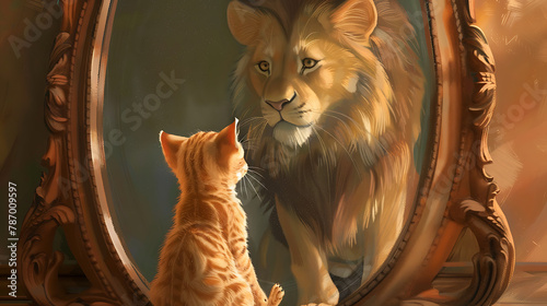 Tiny fuzzy cute cat looking into a large mirror seeing a huge ferocious lion reflected back, Fierce, elegant, formidable