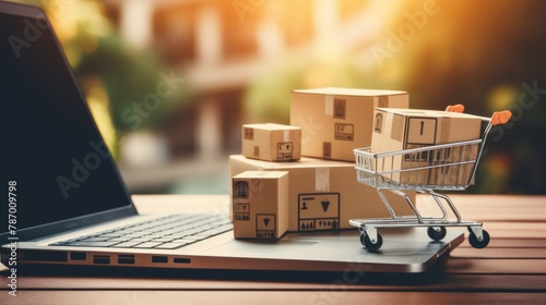 Ecommerce, online shopping and delivery service concept : Boxes with shopping carts on a trailer truck on a laptop, depicts e-commerce impacts the trucking industry that retailer needs fast, low price