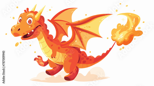 Funny fire dragon cartoon. Flying fairytale cute dino © Vector