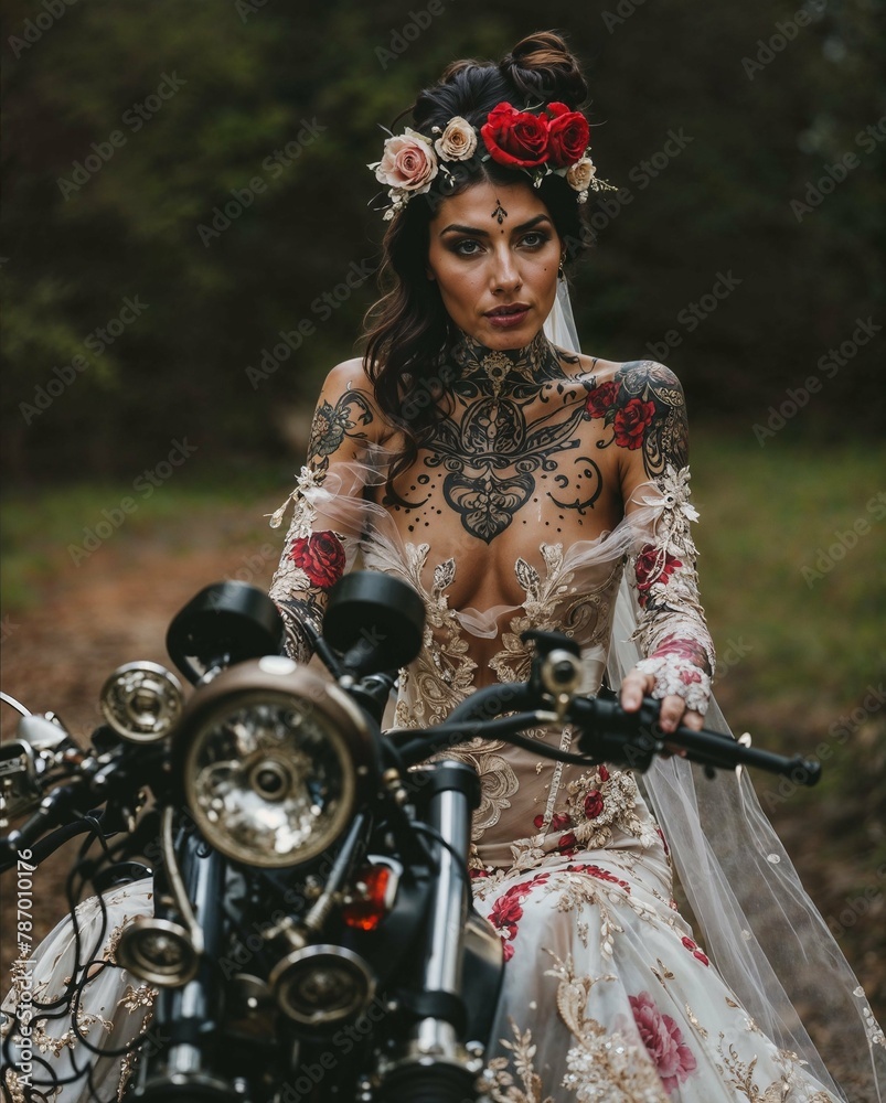 Tattooed bride riding a motorcycle, AI-generated.