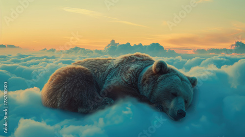 Illustration of a bear sleeping soundly on a cloud at a peaceful dawn photo