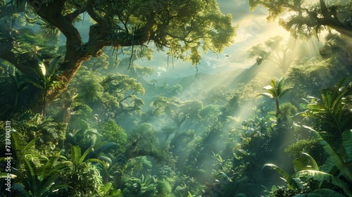Sunlight filters through a dense forest canopy  enriching lush green foliage on a magical morning