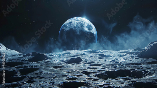 AI generated illustration of a moon in the night sky over a rocky landscape