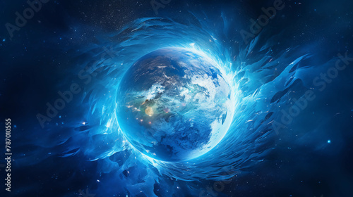 AI generated illustration of a blue swirling planet surrounded by stars in space