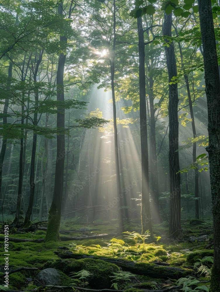 Fototapeta premium Sun rays filtering through a dense forest, beams of light illuminating the mist, serene setting