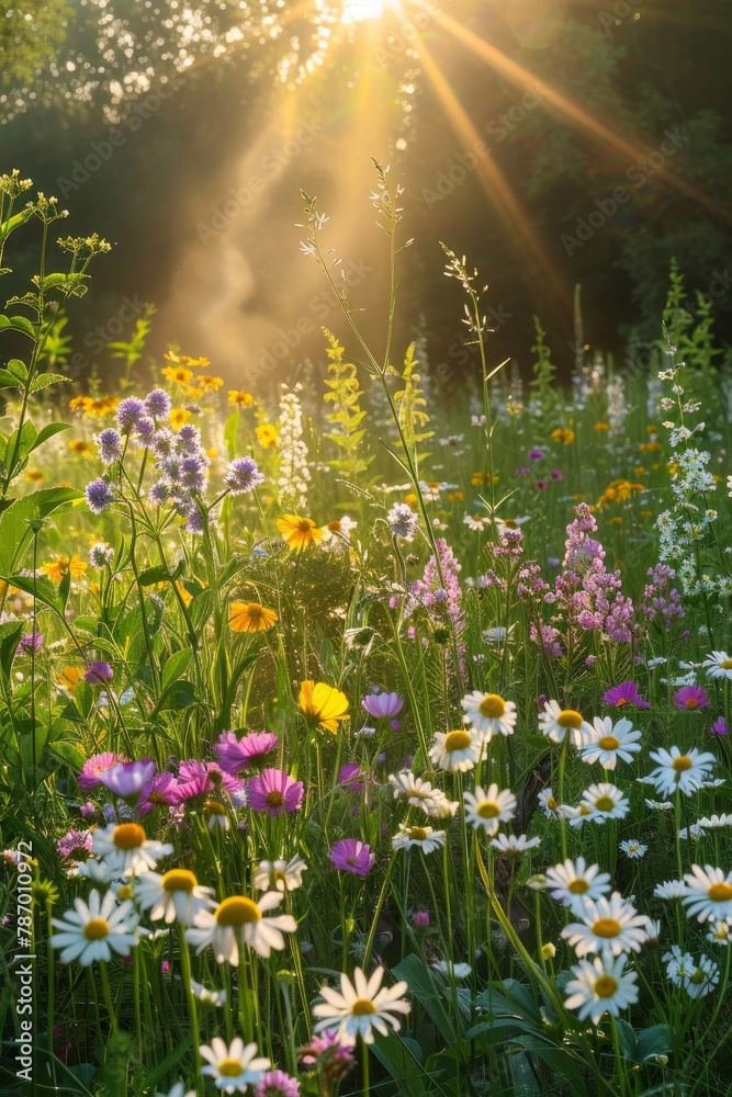Obraz premium Sunlight accentuates the gentle wildflower petals in a tranquil meadow, celebrating natural beauty