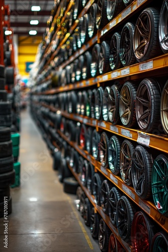 Aisle of a store displaying a variety of car rims on shelves with a shallow depth of field