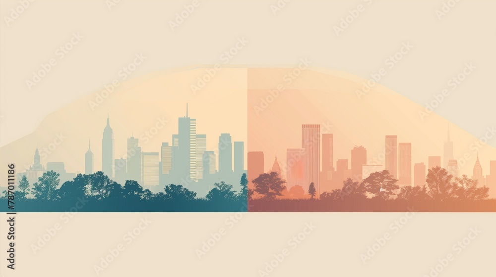 AI generated illustration of a city skyline silhouette on a beige background